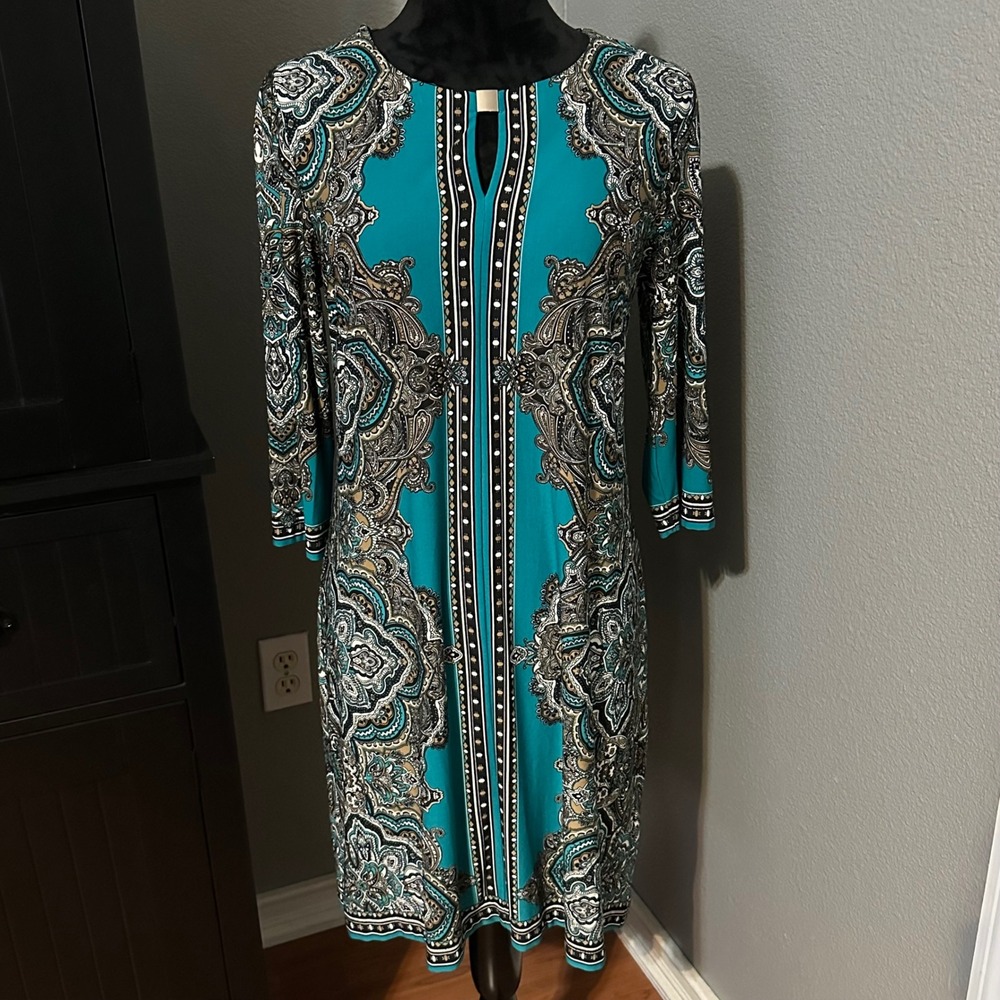 Sandra‎ Darren Dress Size 6P Teal Paisley Sheath Petite Stretch Keyhole Career